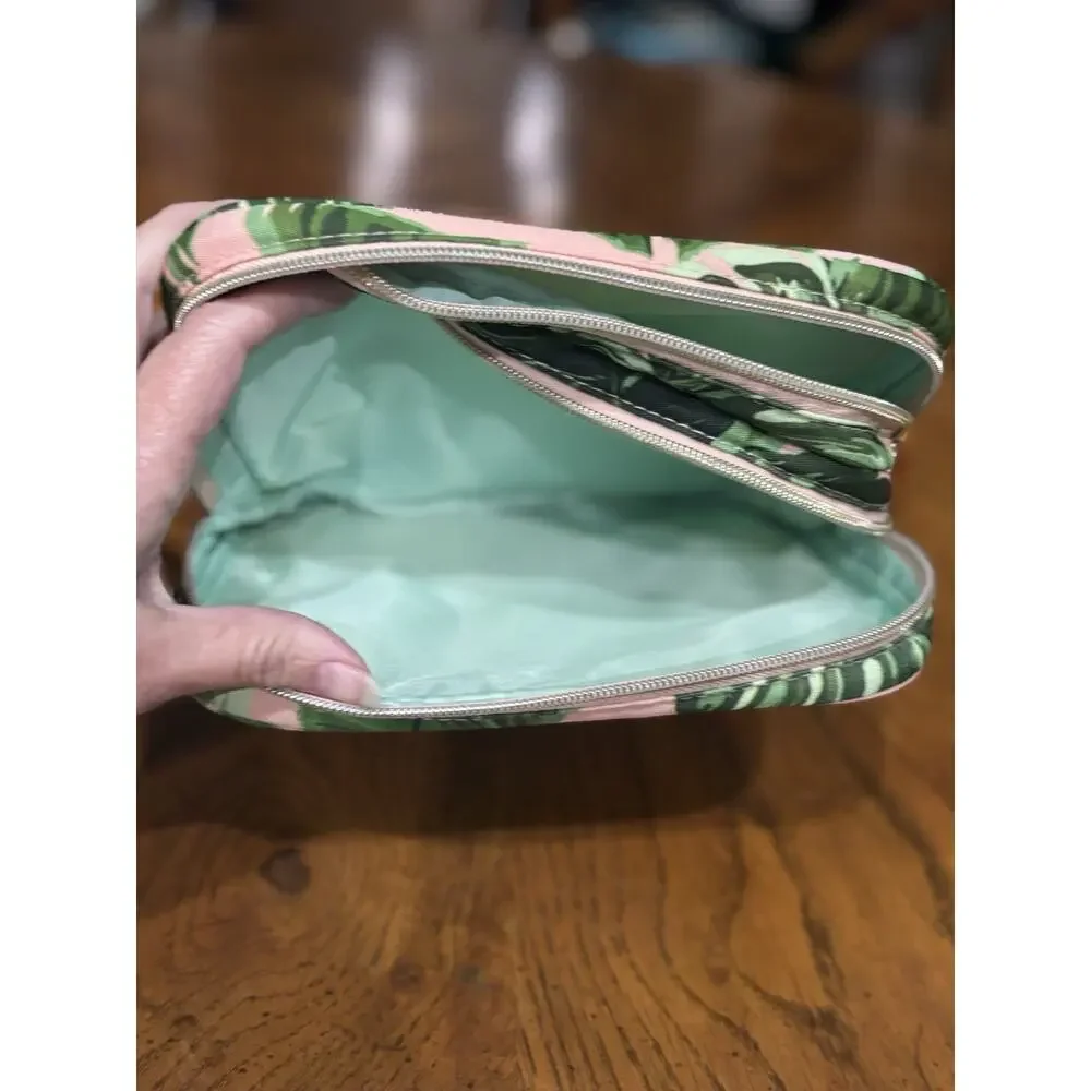 Sophia Joy Fabric Tropical Leaf Print Double Zip Makeup Bag, Green/Pink